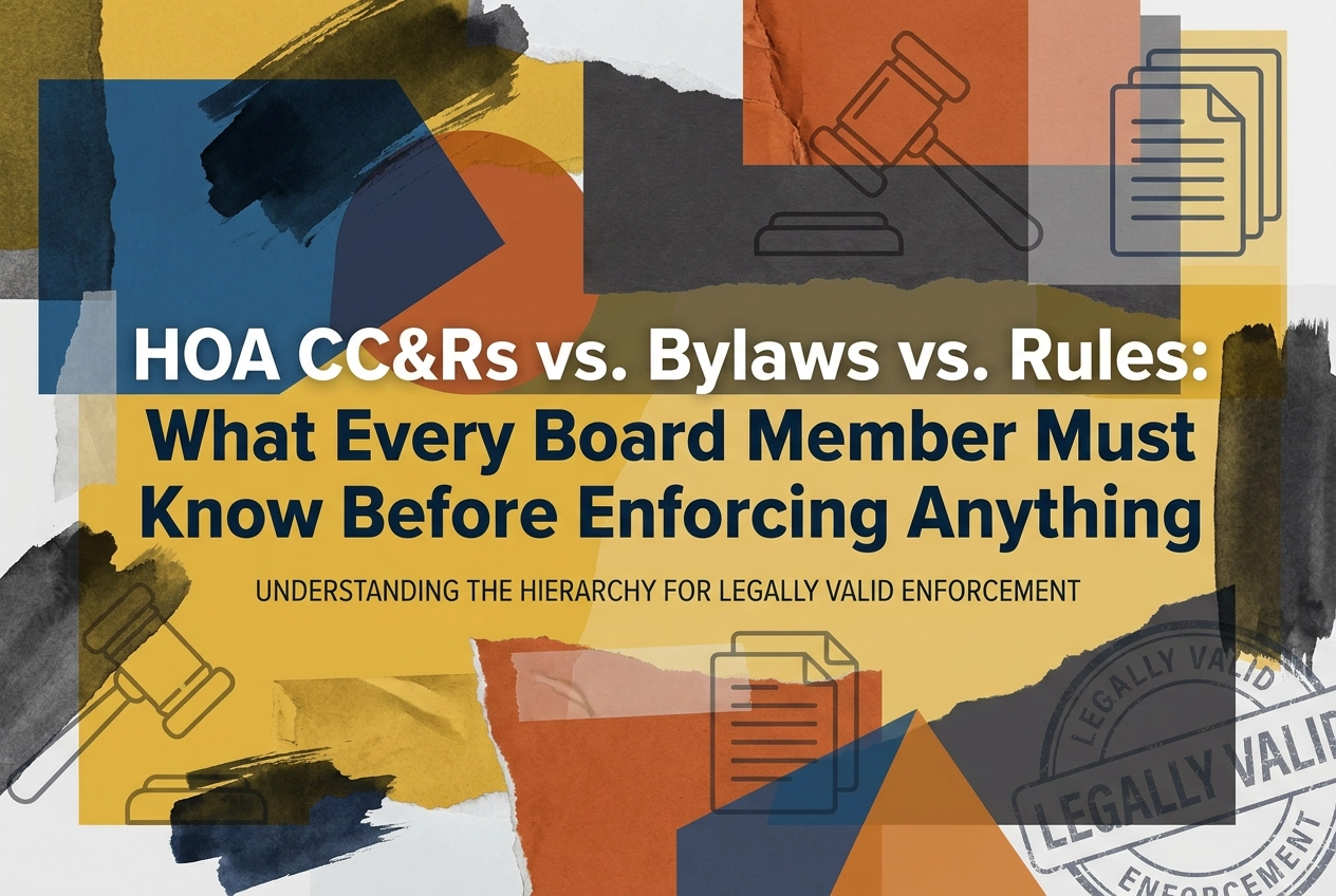 Professional header image for educational tutorial: HOA CC&Rs vs. Bylaws vs. Rules: What Every Board Member M...