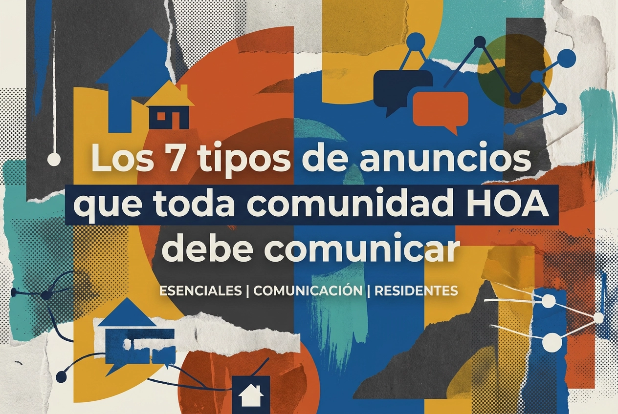 Professional header image for list-based article: Los 7 tipos de anuncios que toda comunidad HOA debe comun...