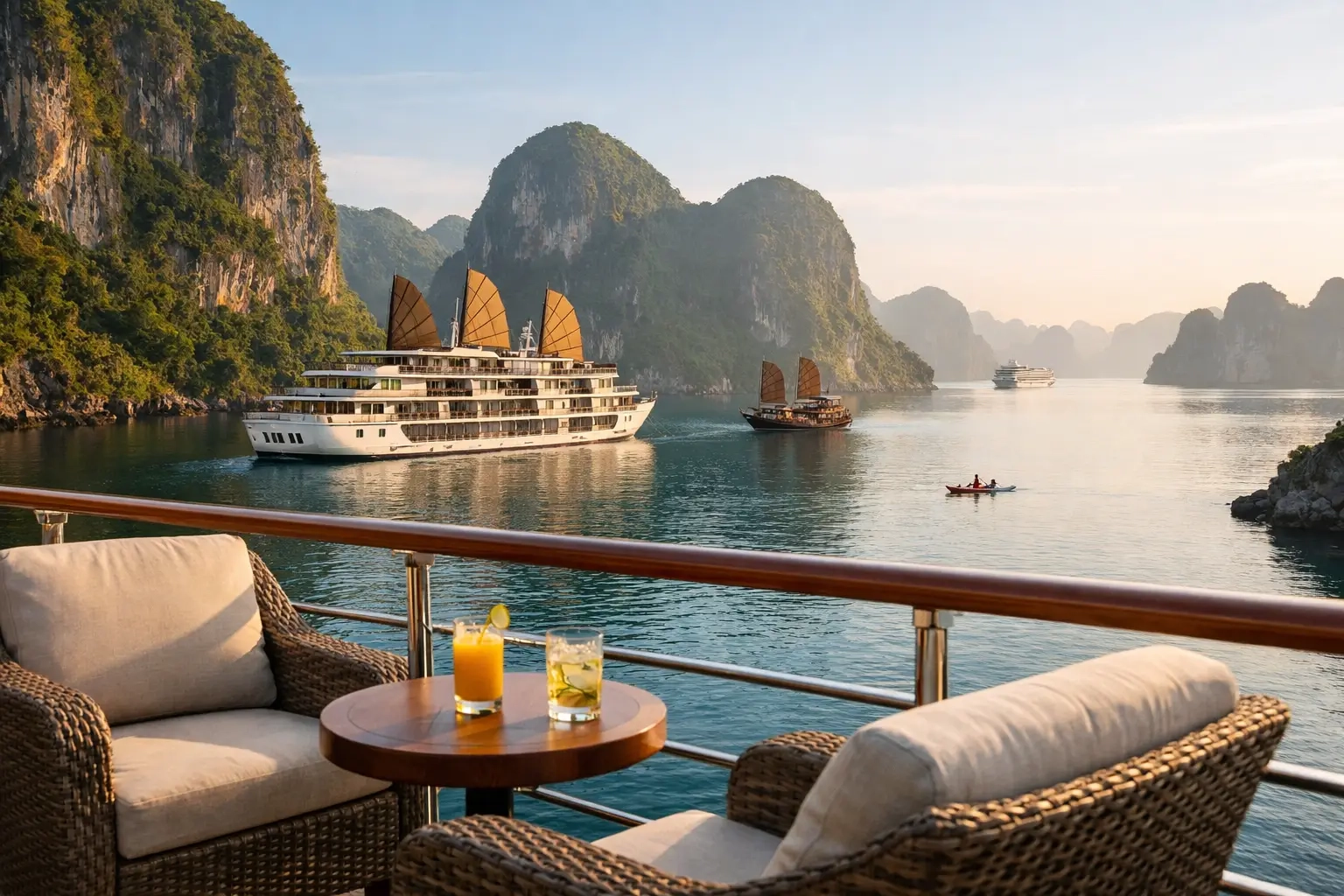 A cruise vessel among the limestone karsts of Halong Bay