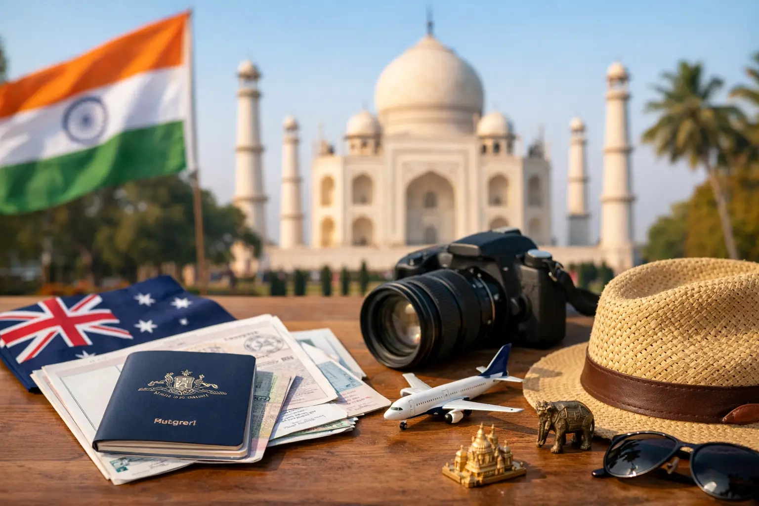 An Australian passport and travel documents prepared for a journey to India