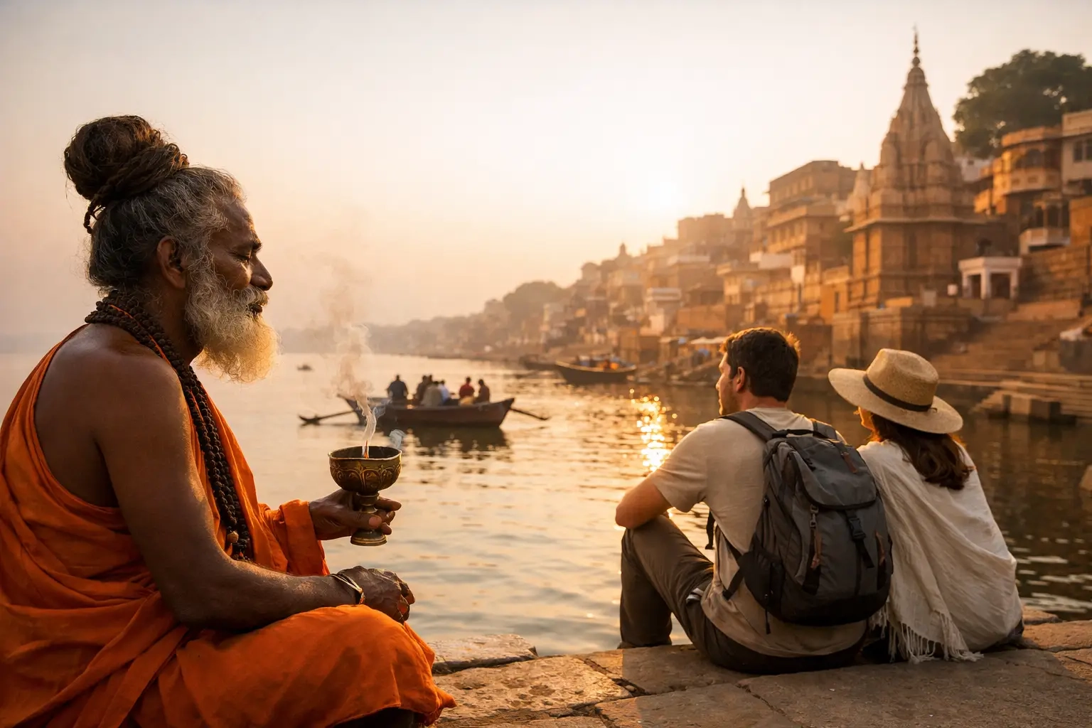 Dawn on the ghats at Varanasi, with boats on the Ganges