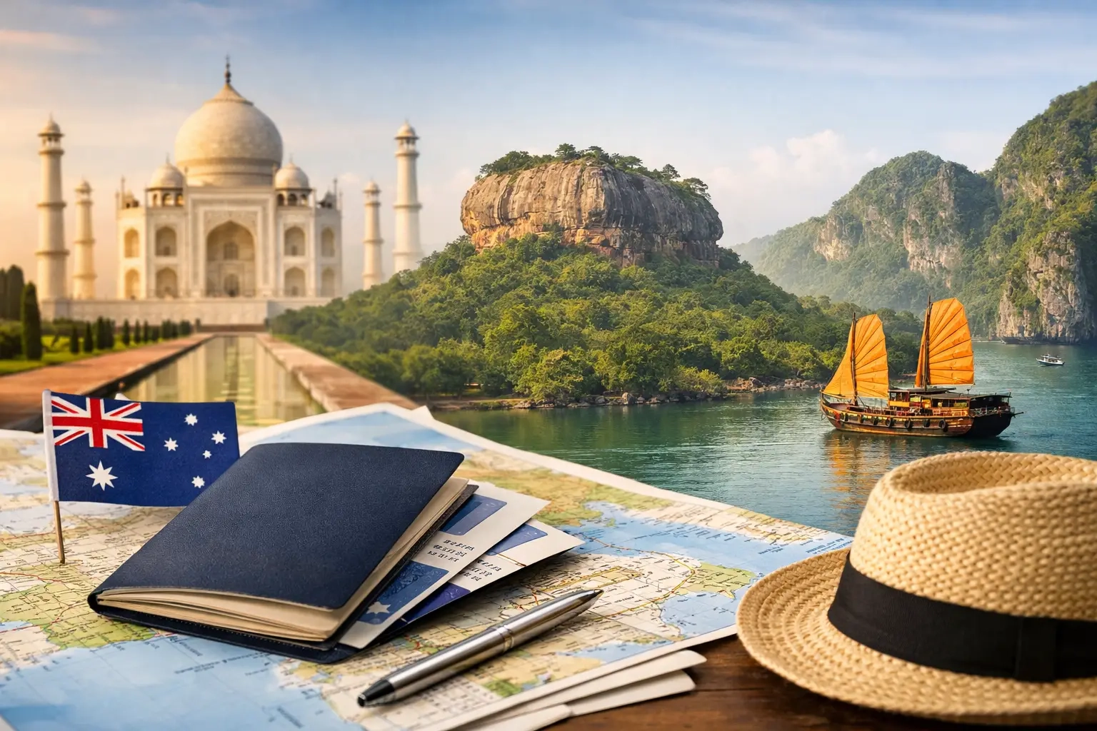 Passport and travel documents for a multi-country journey through South and Southeast Asia
