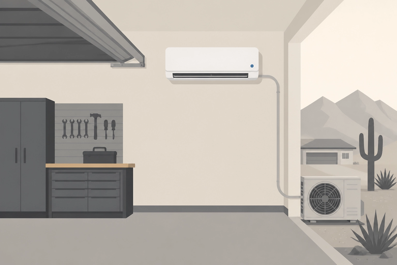 Professional header image for educational tutorial: Installing a Mini Split in a Phoenix Garage: What It Cost...