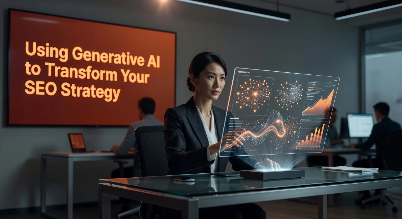 Professional header image for educational tutorial: Using Generative AI to Transform Your SEO Strategy