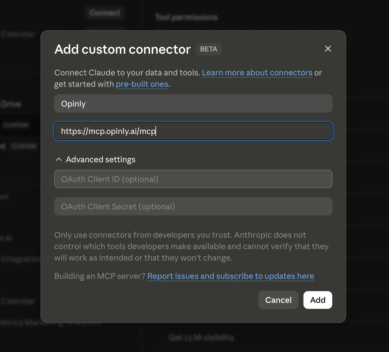 Claude's Add custom connector dialog with the Opinly MCP server URL https://mcp.opinly.ai/mcp entered