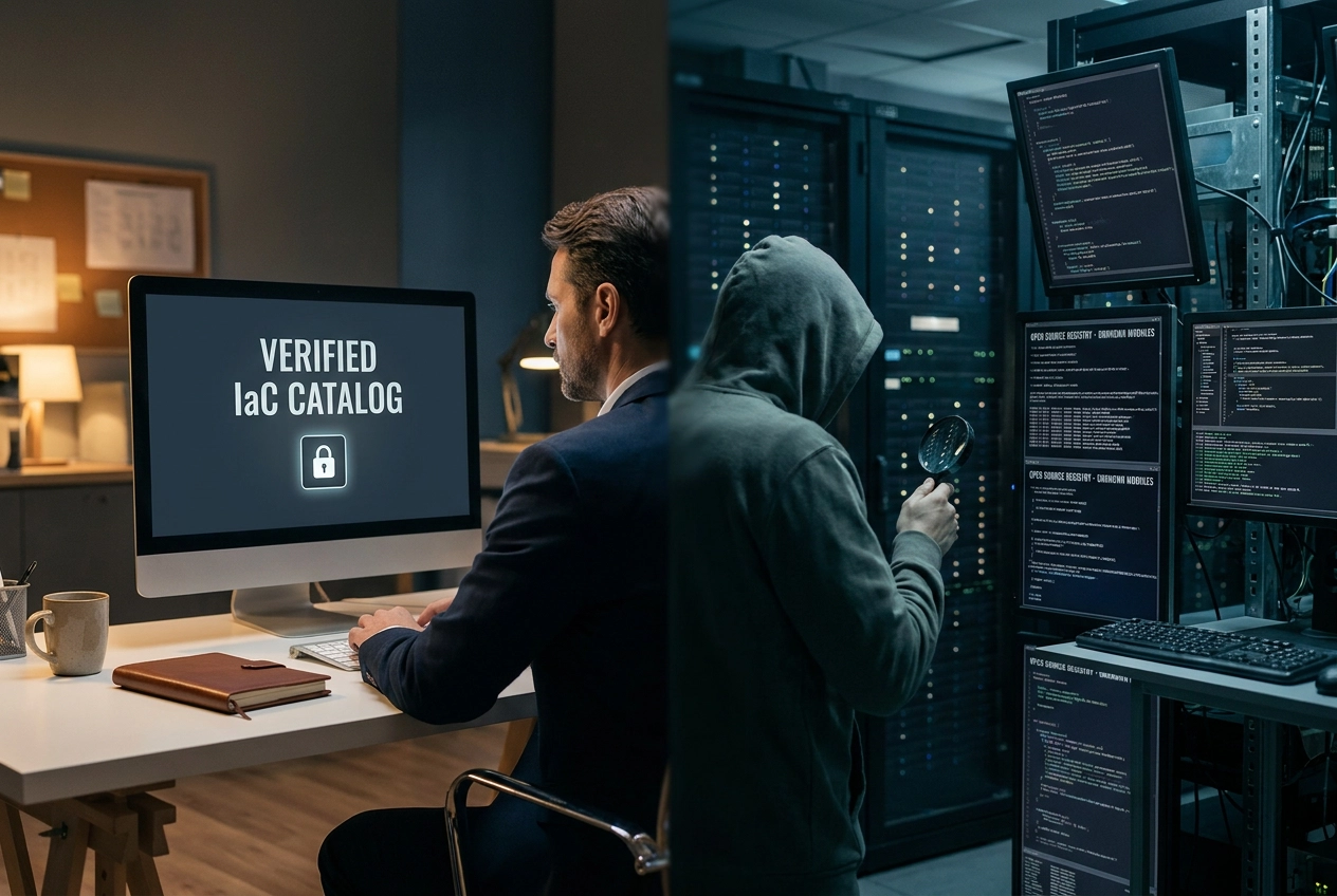 Professional header image for comparison analysis: Why IaC Bazaar's Verified Catalog Beats Hunting for Modul...