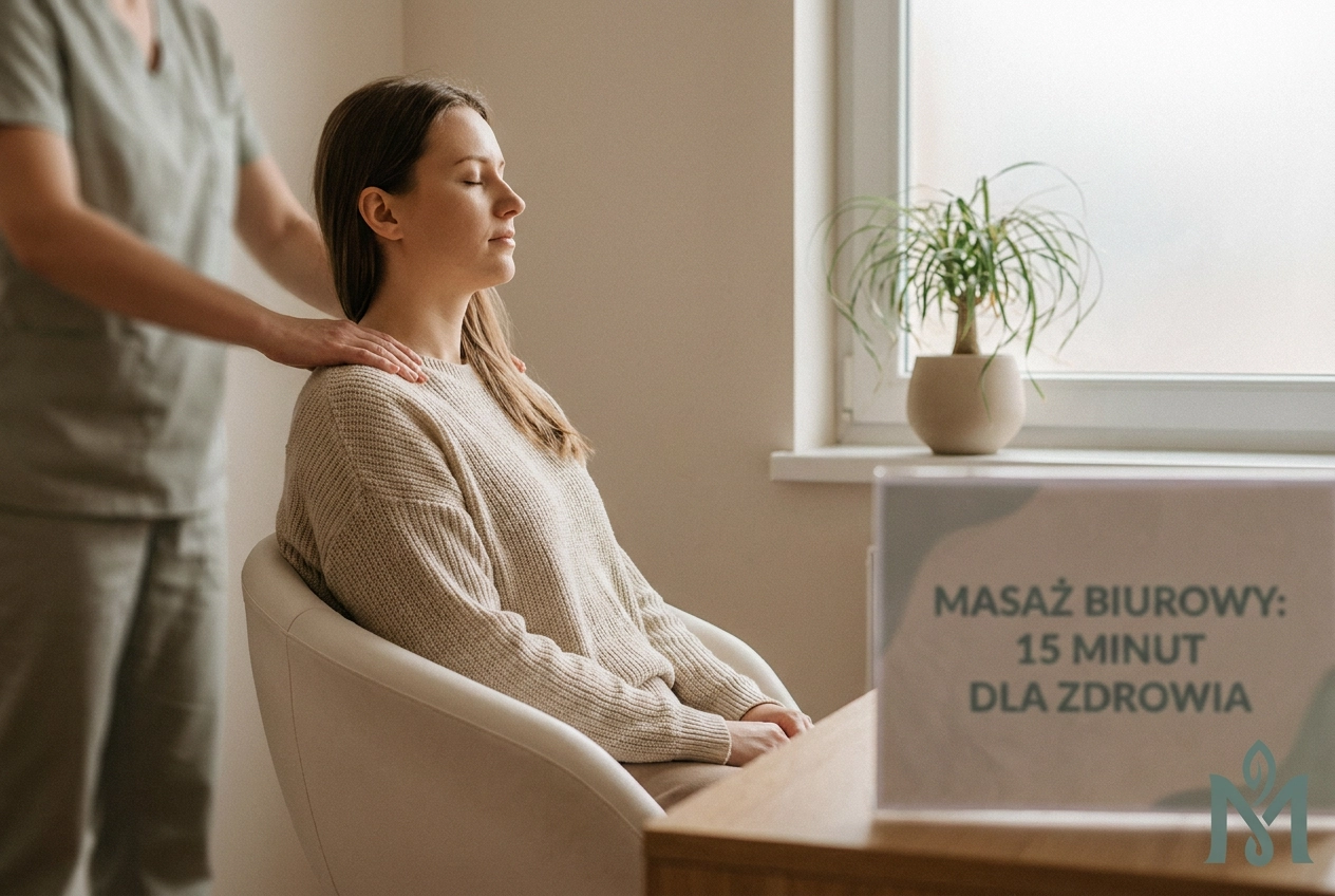 Professional header image for educational tutorial: Masaż biurowy na krześle: co rozluźnia 15 minut w pracy