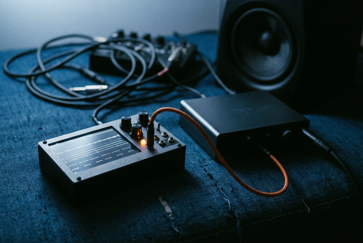 Professional header image for educational tutorial: AIで曲を作るとは何か：シンセティックアーティストがARTIFONICで楽曲を生成・公開する仕組み