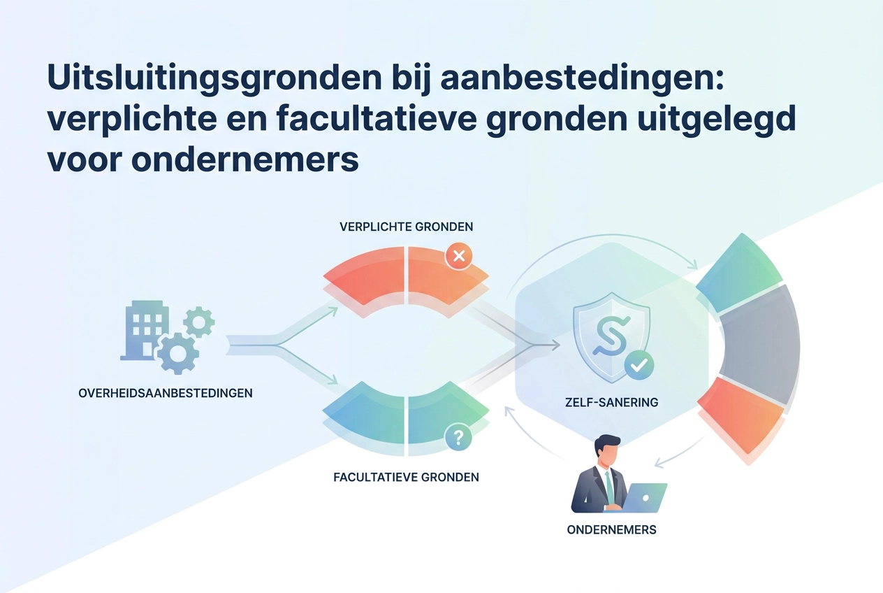 Professional header image for educational tutorial: Uitsluitingsgronden bij aanbestedingen: verplichte en fac...