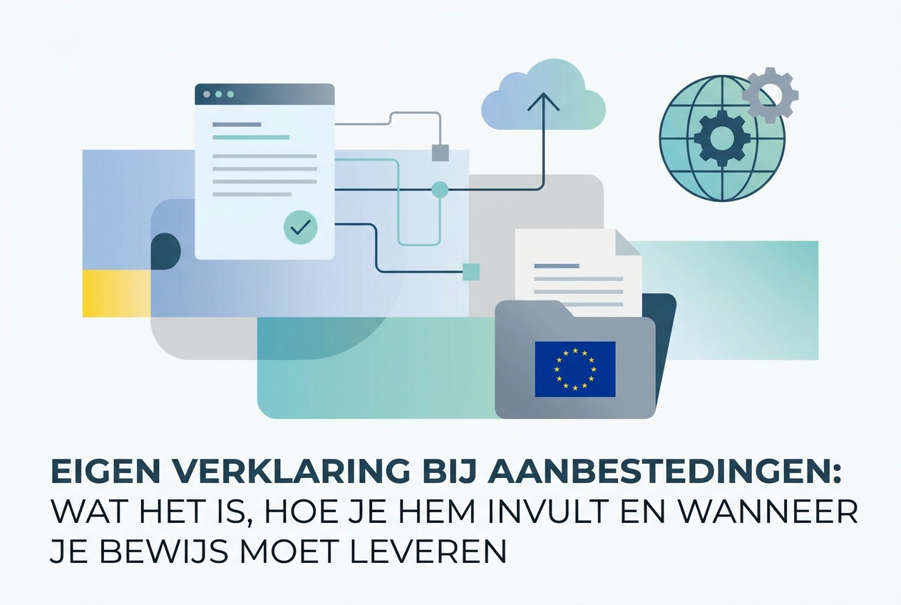 Professional header image for educational tutorial: Eigen verklaring bij aanbestedingen: wat het is, hoe je h...