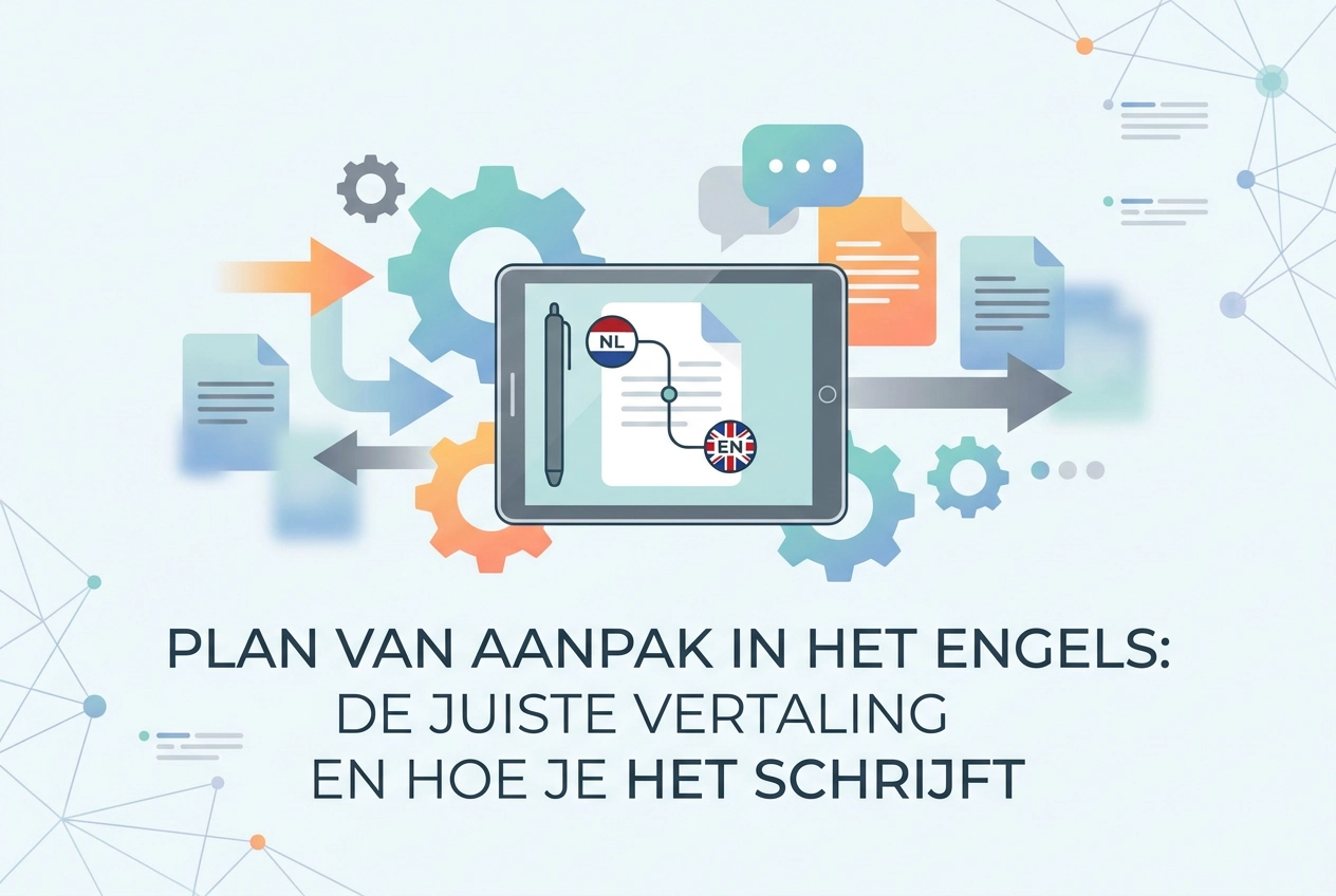 Professional header image for educational tutorial: Plan van aanpak in het Engels: de juiste vertaling en hoe...