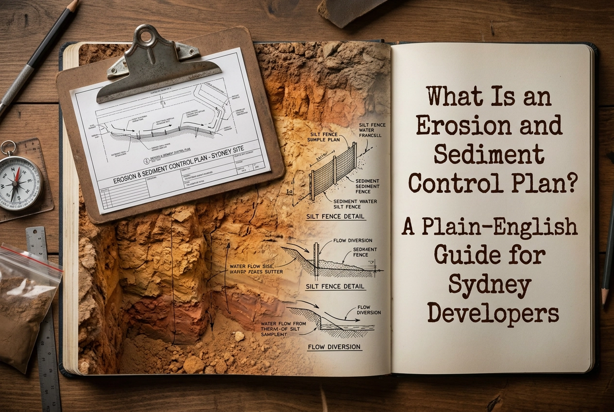 Professional header image for educational tutorial: What Is an Erosion and Sediment Control Plan? A Plain-Eng...